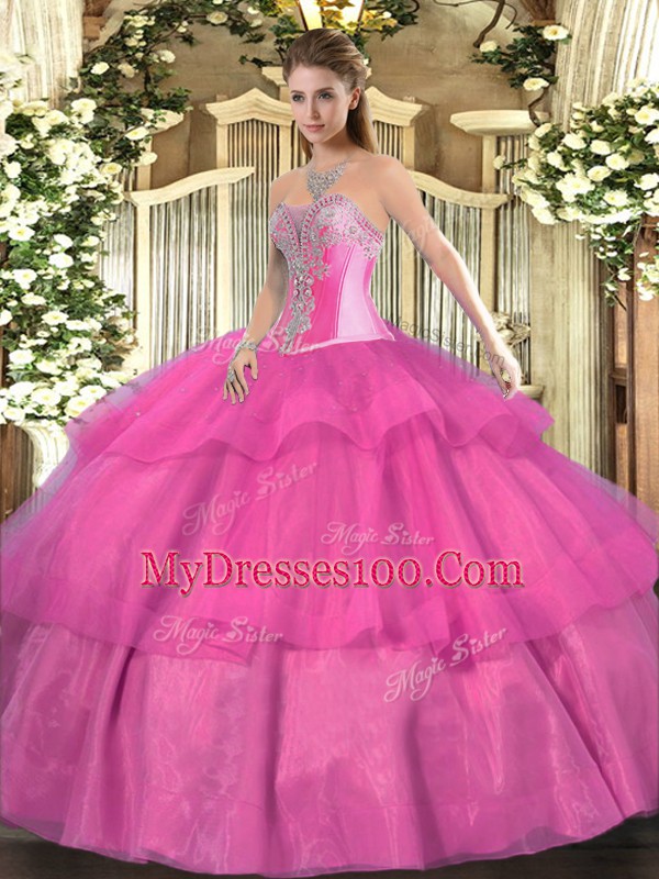 Edgy Hot Pink Sleeveless Floor Length Beading and Ruffled Layers Lace Up Quinceanera Dresses