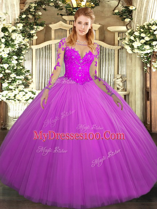 Fuchsia Ball Gown Prom Dress Military Ball and Sweet 16 and Quinceanera with Lace Scoop Long Sleeves Lace Up