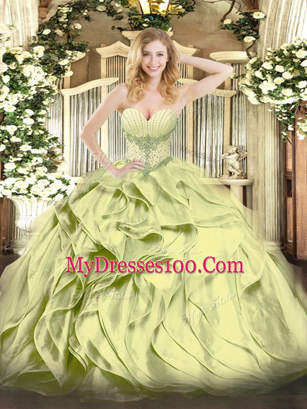 New Style Olive Green Sweetheart Lace Up Beading and Ruffles Quinceanera Gowns Sleeveless