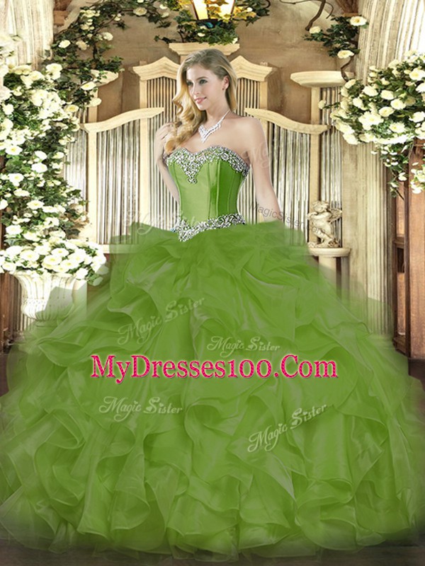 Edgy Ball Gowns Quince Ball Gowns Olive Green Sweetheart Organza Sleeveless Floor Length Lace Up