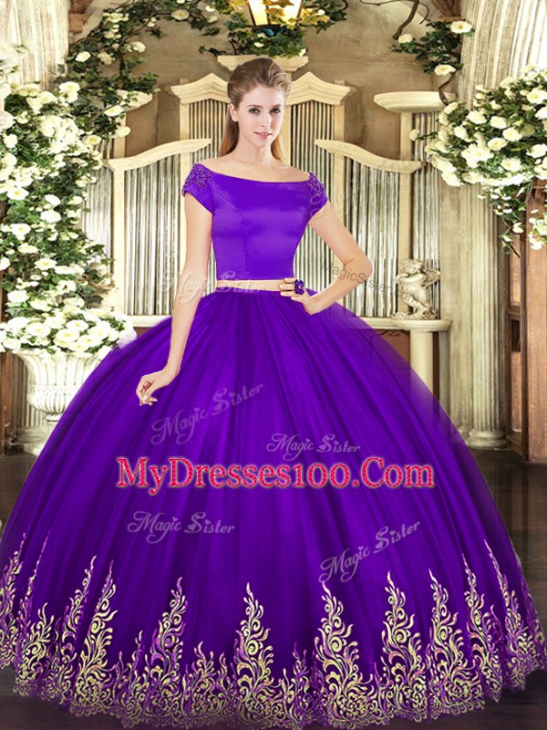 Fabulous Appliques Sweet 16 Dress Purple Zipper Short Sleeves Floor Length