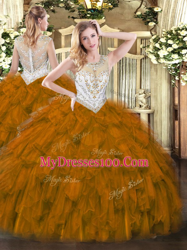 Brown Sleeveless Floor Length Beading and Ruffles Zipper Quinceanera Gowns