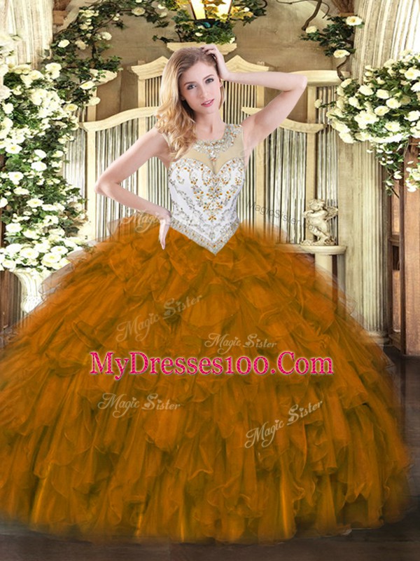Brown Sleeveless Floor Length Beading and Ruffles Zipper Quinceanera Gowns