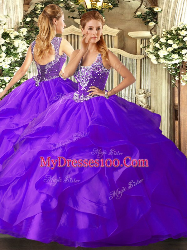 Comfortable Purple Sleeveless Tulle Lace Up Quinceanera Gowns for Military Ball and Sweet 16 and Quinceanera
