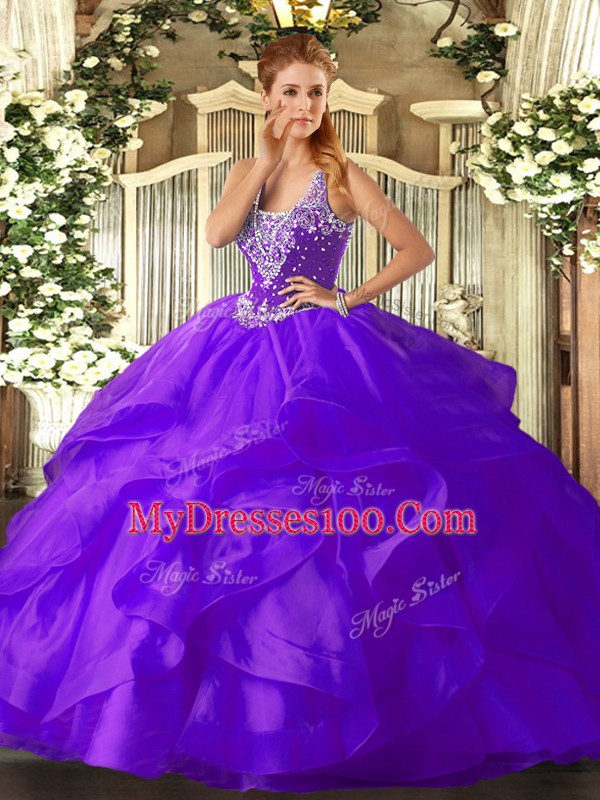 Comfortable Purple Sleeveless Tulle Lace Up Quinceanera Gowns for Military Ball and Sweet 16 and Quinceanera