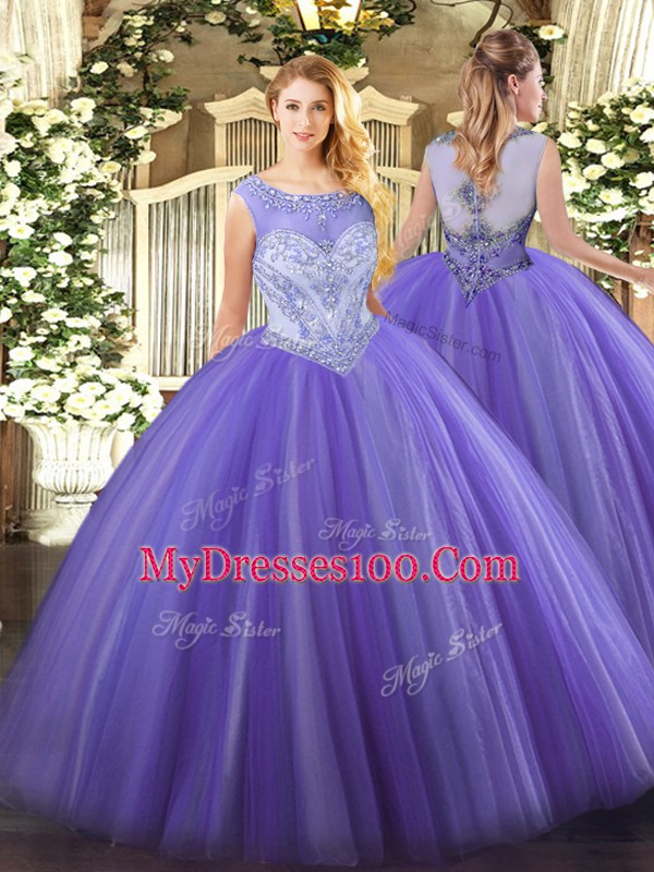 Adorable Tulle Scoop Sleeveless Zipper Beading Quinceanera Gowns in Lavender