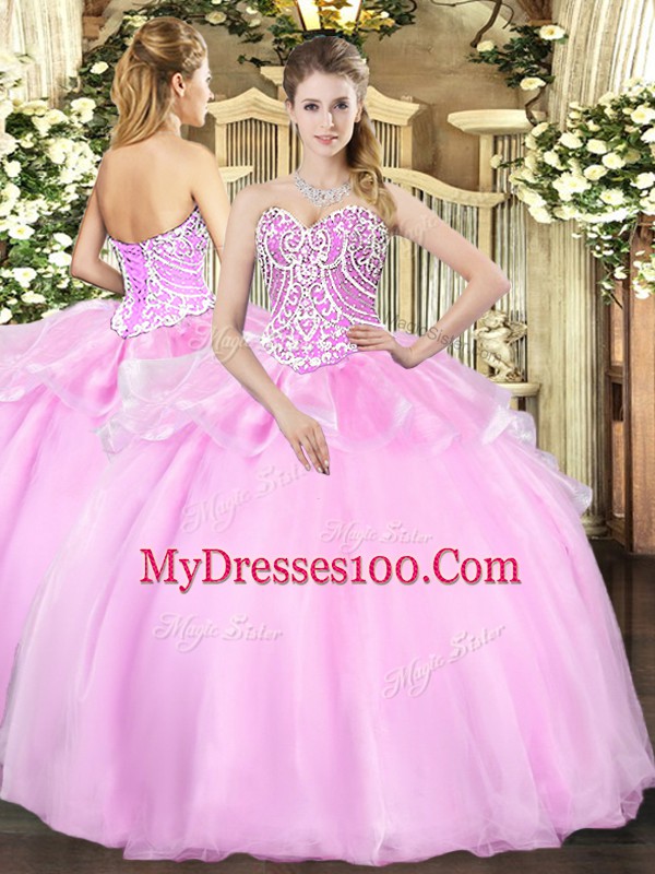 Luxurious Pink Sleeveless Floor Length Beading Lace Up Ball Gown Prom Dress
