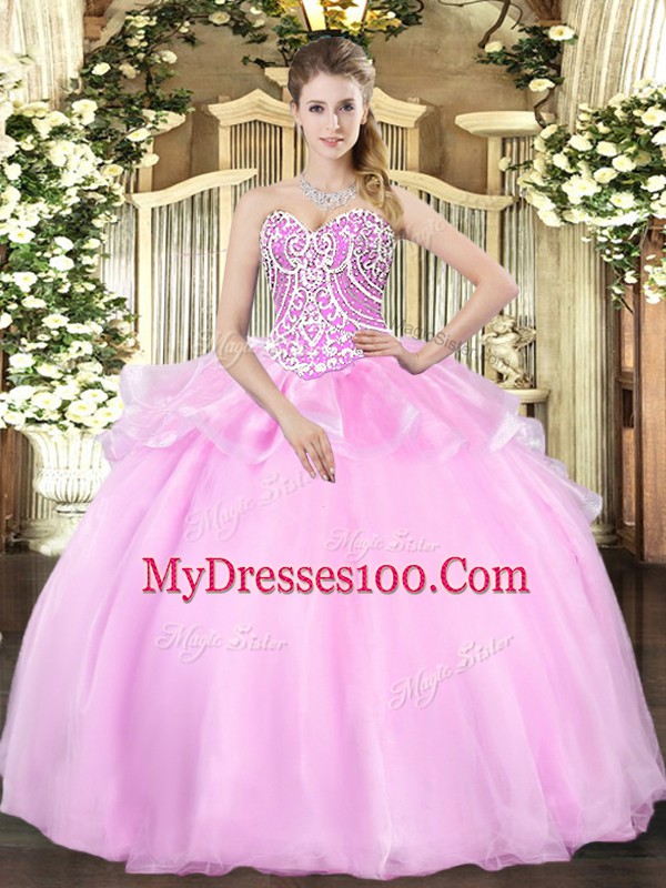 Luxurious Pink Sleeveless Floor Length Beading Lace Up Ball Gown Prom Dress