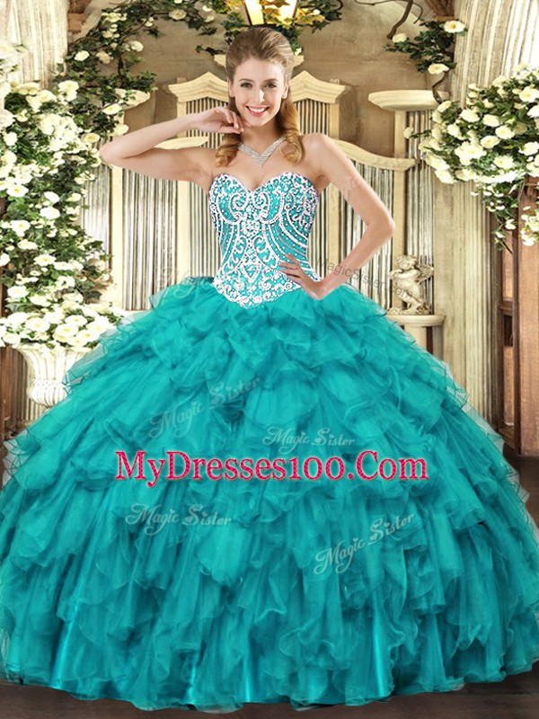 Teal Ball Gowns Sweetheart Sleeveless Tulle Floor Length Lace Up Beading and Ruffles 15 Quinceanera Dress