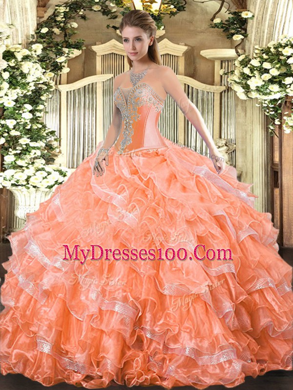 Floor Length Orange Red Quinceanera Dress Sweetheart Sleeveless Lace Up