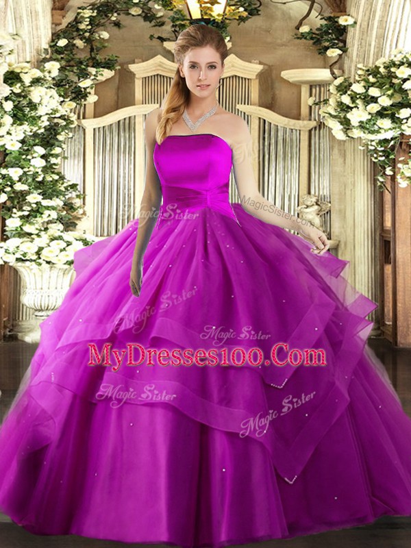 Fuchsia Ball Gowns Strapless Sleeveless Tulle Floor Length Lace Up Ruffled Layers Sweet 16 Dress