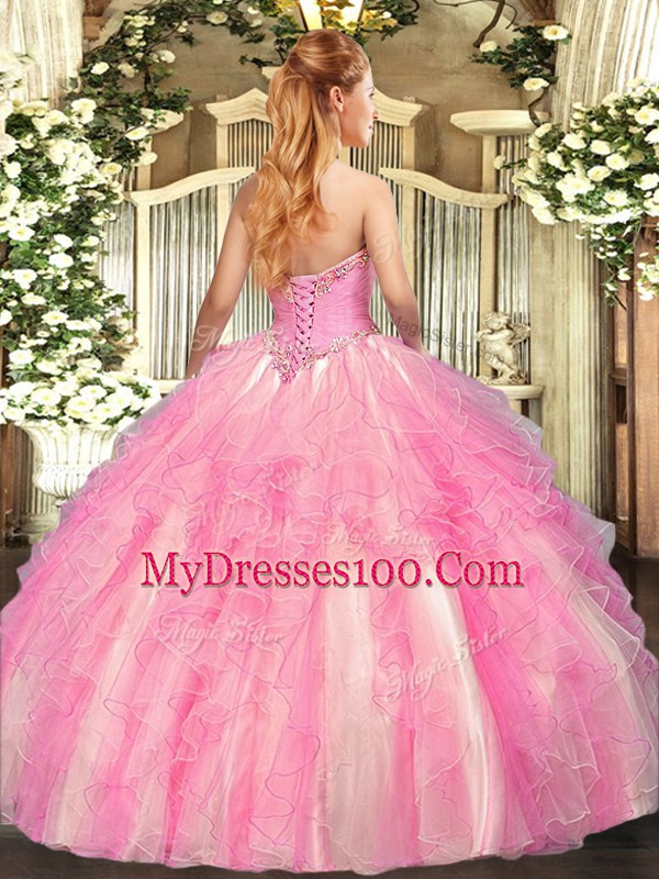 Sleeveless Lace Up Floor Length Appliques and Ruffles Quince Ball Gowns
