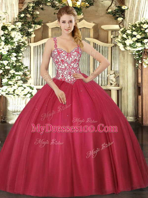 Adorable Sleeveless Floor Length Beading and Appliques Lace Up Vestidos de Quinceanera with Coral Red