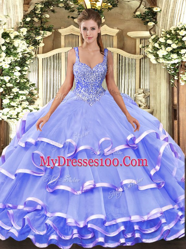Romantic Lavender Straps Neckline Beading and Ruffled Layers 15 Quinceanera Dress Sleeveless Lace Up