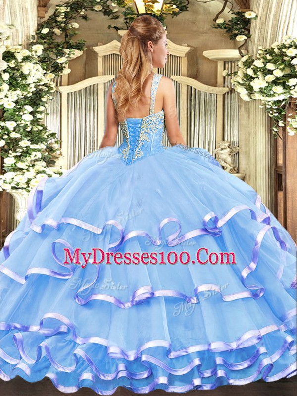 Romantic Lavender Straps Neckline Beading and Ruffled Layers 15 Quinceanera Dress Sleeveless Lace Up