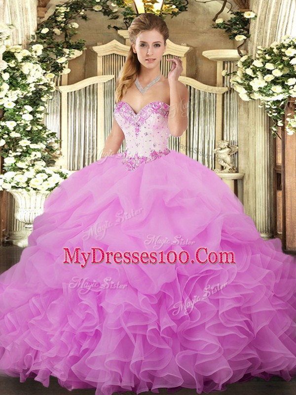 Sweetheart Sleeveless Quince Ball Gowns Floor Length Beading and Ruffles and Pick Ups Lilac Organza