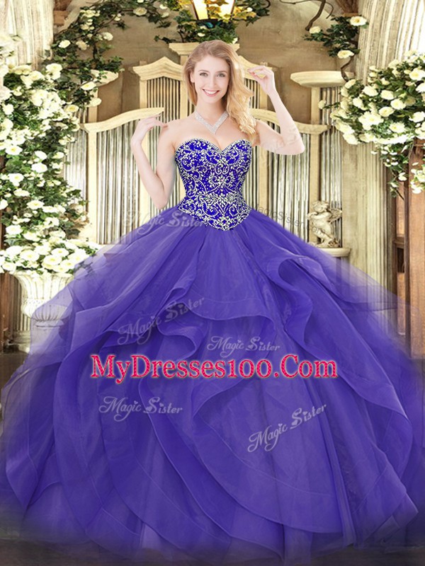 On Sale Beading and Ruffles Sweet 16 Dress Purple Lace Up Sleeveless Floor Length