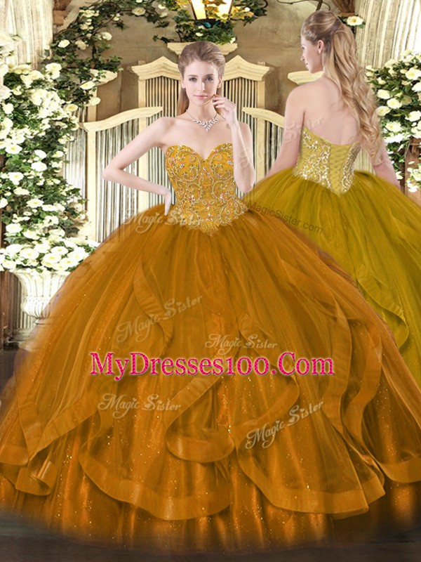 Gold Ball Gowns Beading and Ruffles Sweet 16 Dresses Lace Up Organza Sleeveless Floor Length