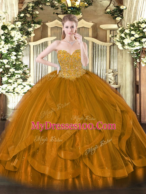 Gold Ball Gowns Beading and Ruffles Sweet 16 Dresses Lace Up Organza Sleeveless Floor Length