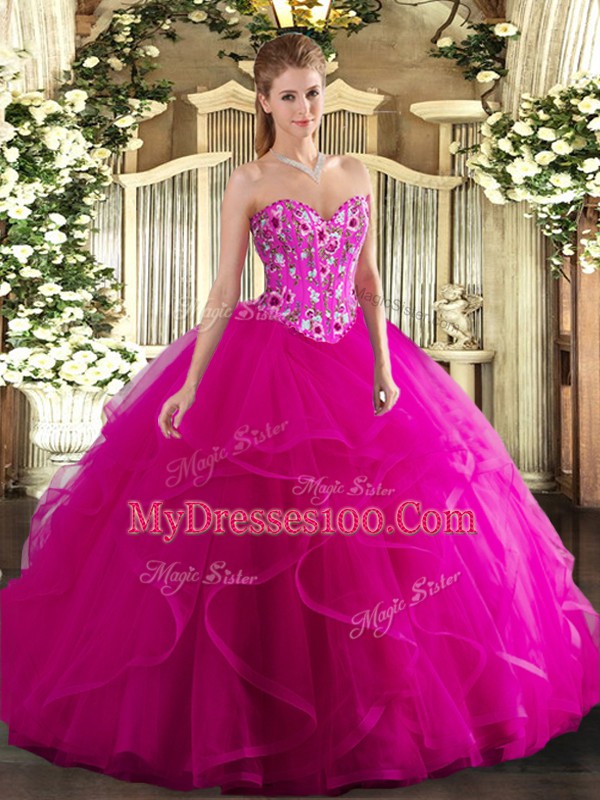 Glittering Fuchsia Sleeveless Floor Length Embroidery and Ruffles Lace Up Quinceanera Gowns