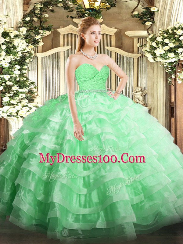 Apple Green Ball Gowns Sweetheart Sleeveless Tulle Floor Length Zipper Beading and Lace and Ruffled Layers Sweet 16 Dress
