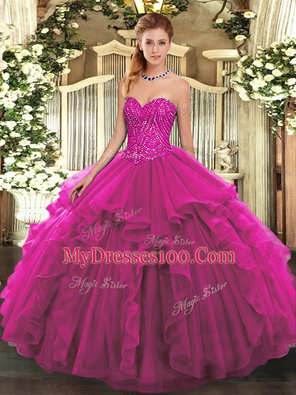 High End Fuchsia Lace Up Sweet 16 Dress Beading and Ruffles Sleeveless Floor Length