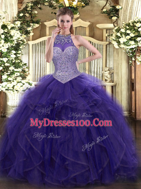 Floor Length Purple 15th Birthday Dress Tulle Sleeveless Beading and Ruffled Layers