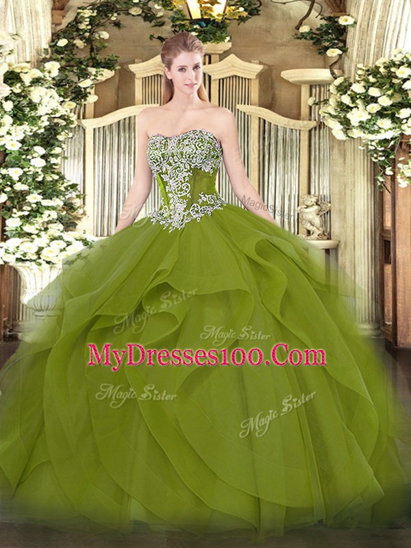 Suitable Floor Length Olive Green 15 Quinceanera Dress Strapless Sleeveless Lace Up