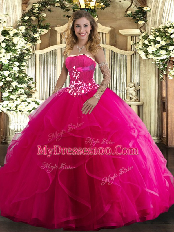 Attractive Strapless Sleeveless Tulle Quinceanera Gown Beading and Ruffles Lace Up