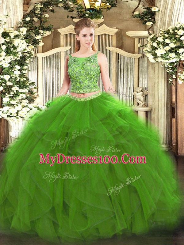Green Quinceanera Dress Military Ball and Sweet 16 and Quinceanera with Beading and Ruffles Scoop Sleeveless Lace Up
