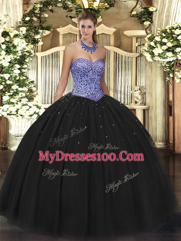 Sexy Black Ball Gowns Tulle Sweetheart Sleeveless Beading Floor Length Lace Up Sweet 16 Dress