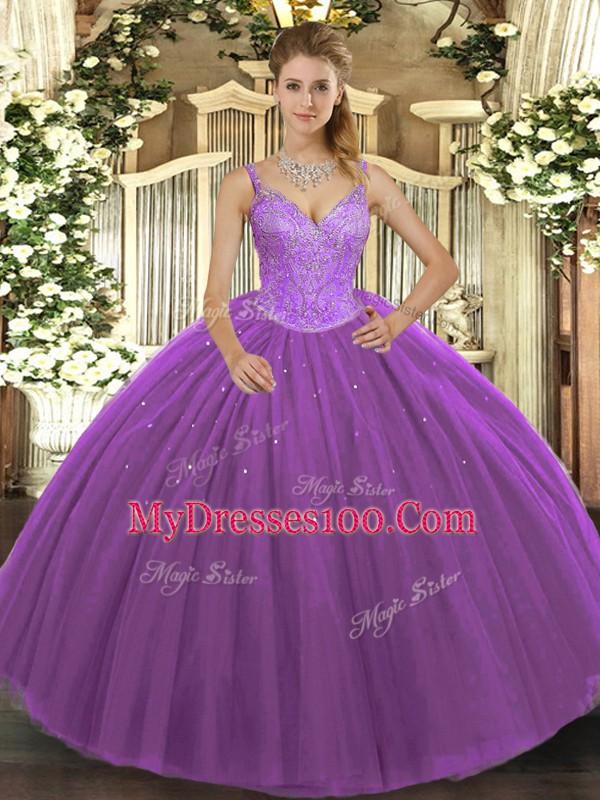 Tulle Sleeveless Floor Length 15 Quinceanera Dress and Beading