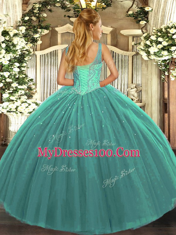 Tulle Sleeveless Floor Length 15 Quinceanera Dress and Beading