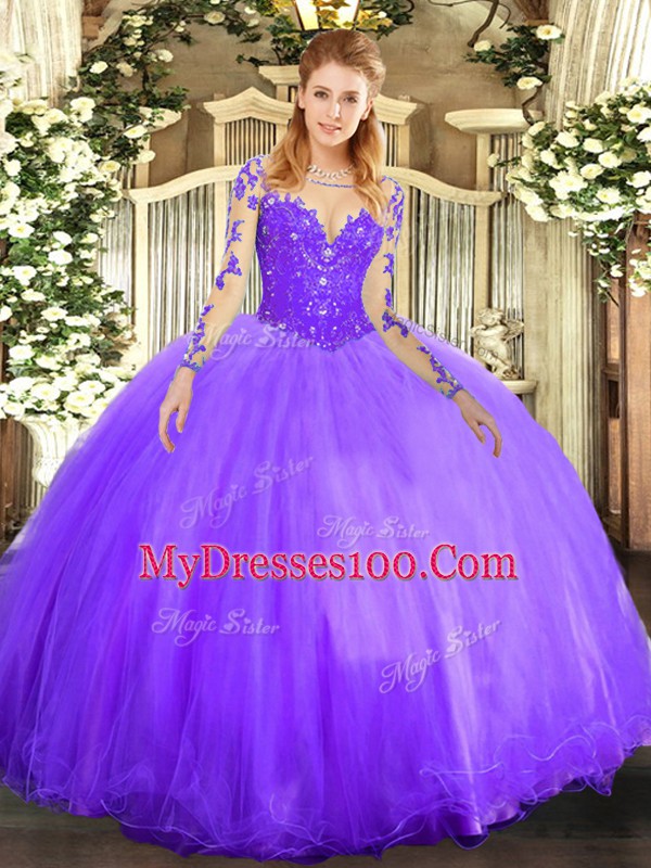 Lavender Tulle Lace Up Scoop Long Sleeves Floor Length 15th Birthday Dress Lace