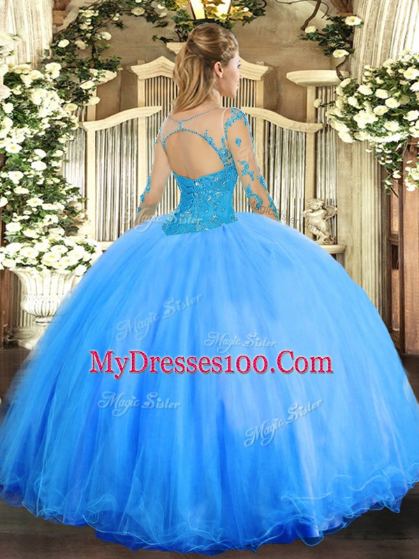Lavender Tulle Lace Up Scoop Long Sleeves Floor Length 15th Birthday Dress Lace