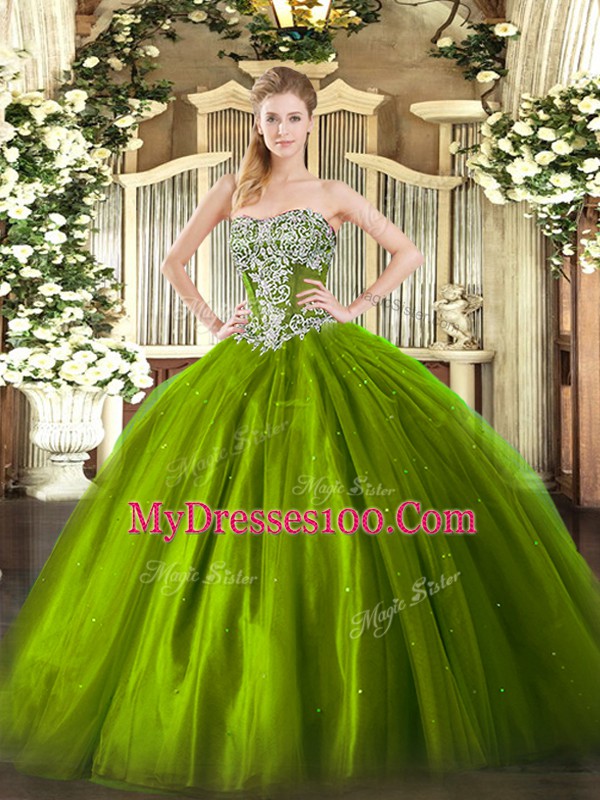 Strapless Sleeveless Lace Up Sweet 16 Dresses Olive Green Tulle