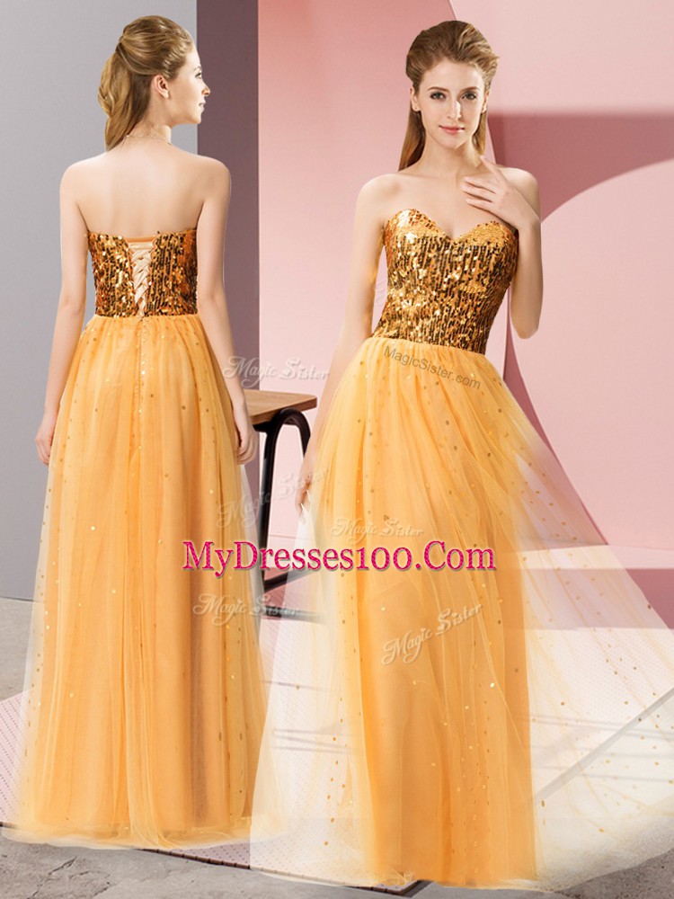 Gold Sweetheart Neckline Sequins Homecoming Dress Sleeveless Lace Up