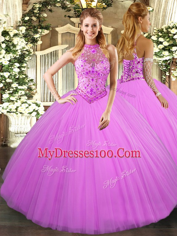 Lilac Tulle Lace Up Halter Top Sleeveless Floor Length Ball Gown Prom Dress Beading and Embroidery