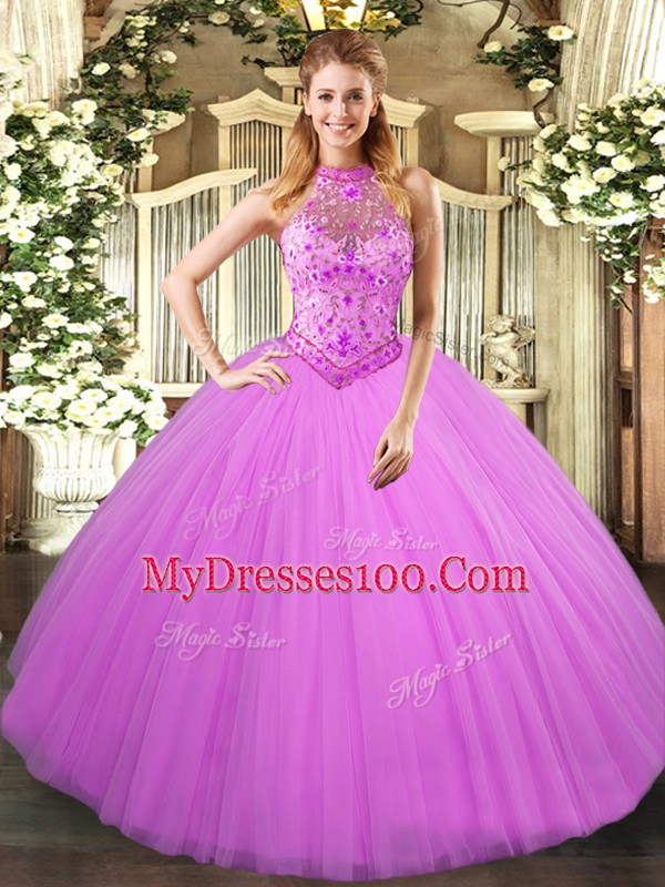 Lilac Tulle Lace Up Halter Top Sleeveless Floor Length Ball Gown Prom Dress Beading and Embroidery