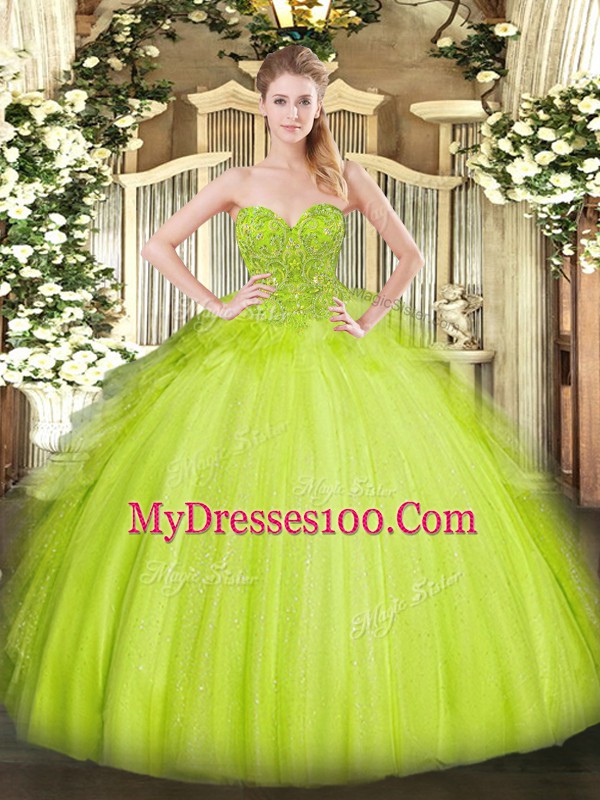 Artistic Yellow Green Sweetheart Neckline Lace Vestidos de Quinceanera Sleeveless Lace Up