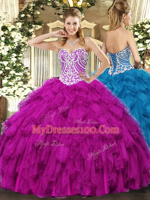 Floor Length Fuchsia Quinceanera Gowns Tulle Sleeveless Beading and Ruffles