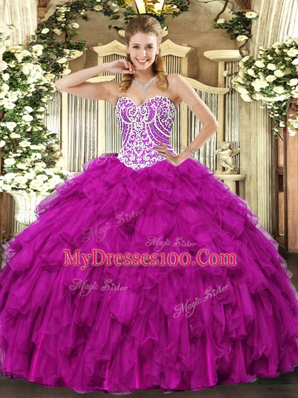 Floor Length Fuchsia Quinceanera Gowns Tulle Sleeveless Beading and Ruffles