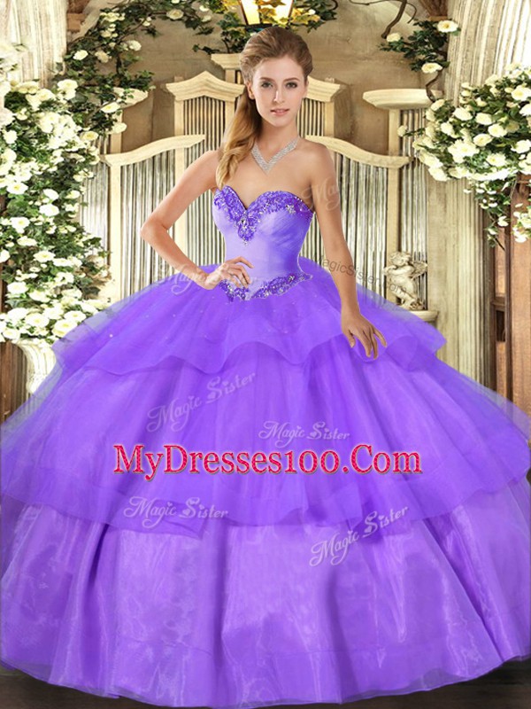 Lavender Sweetheart Lace Up Beading and Ruffled Layers Sweet 16 Dress Sleeveless