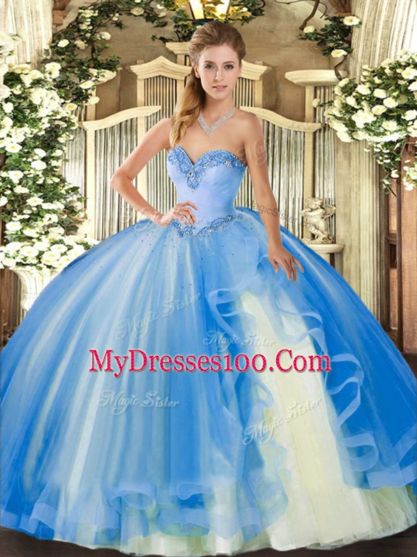 Baby Blue Sweetheart Lace Up Beading and Ruffles Quinceanera Gown Sleeveless
