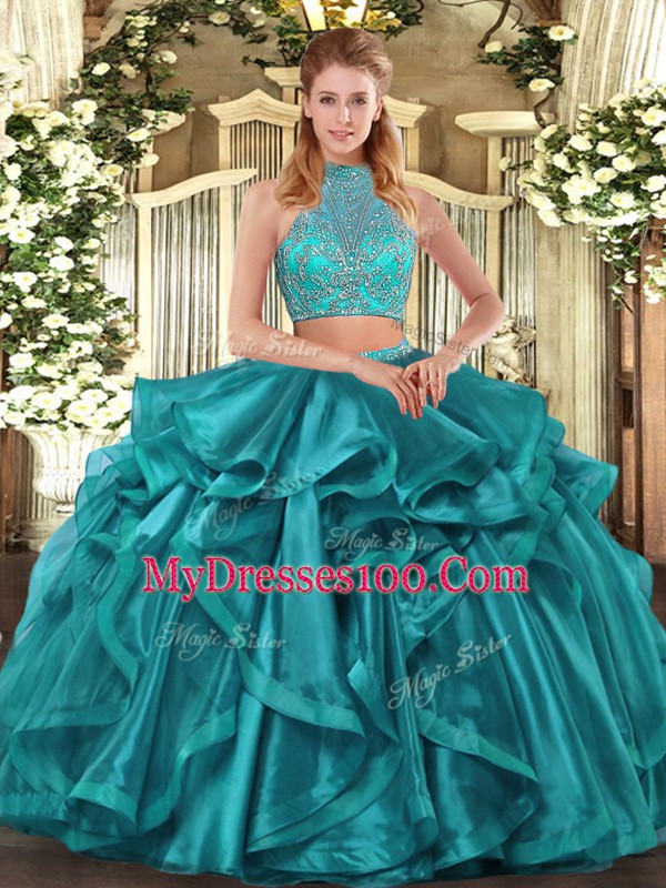 Hot Selling Turquoise Halter Top Neckline Beading and Ruffled Layers Ball Gown Prom Dress Sleeveless Criss Cross