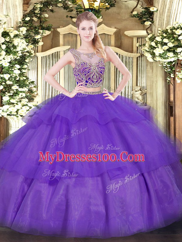 Graceful Purple Scoop Neckline Beading and Ruffled Layers Sweet 16 Quinceanera Dress Sleeveless Lace Up