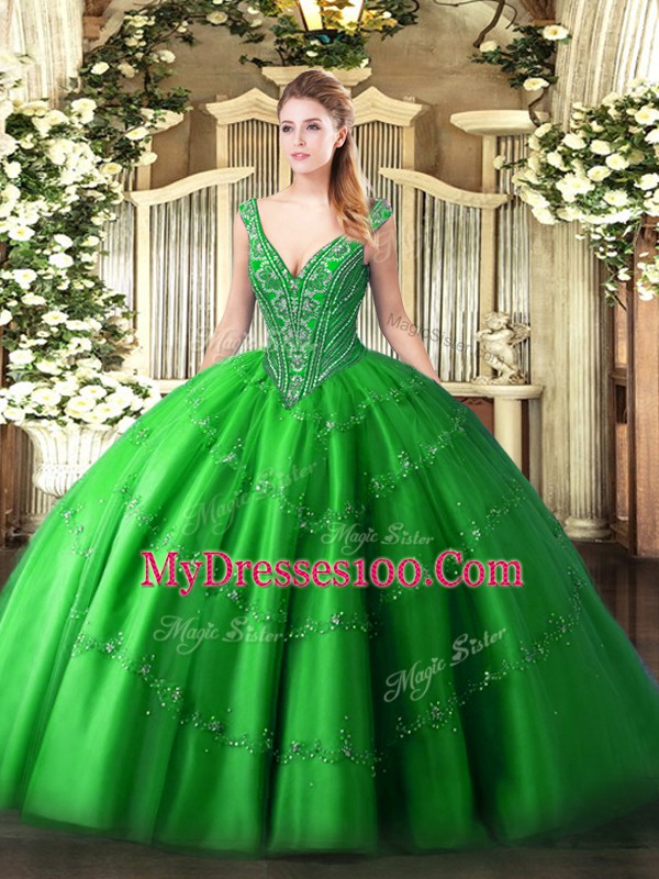 V-neck Sleeveless Tulle Sweet 16 Dress Beading and Appliques Lace Up