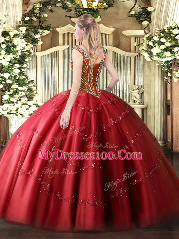 V-neck Sleeveless Tulle Sweet 16 Dress Beading and Appliques Lace Up