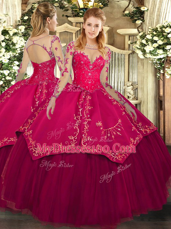 Dazzling Wine Red Lace Up 15 Quinceanera Dress Lace and Embroidery Long Sleeves Floor Length