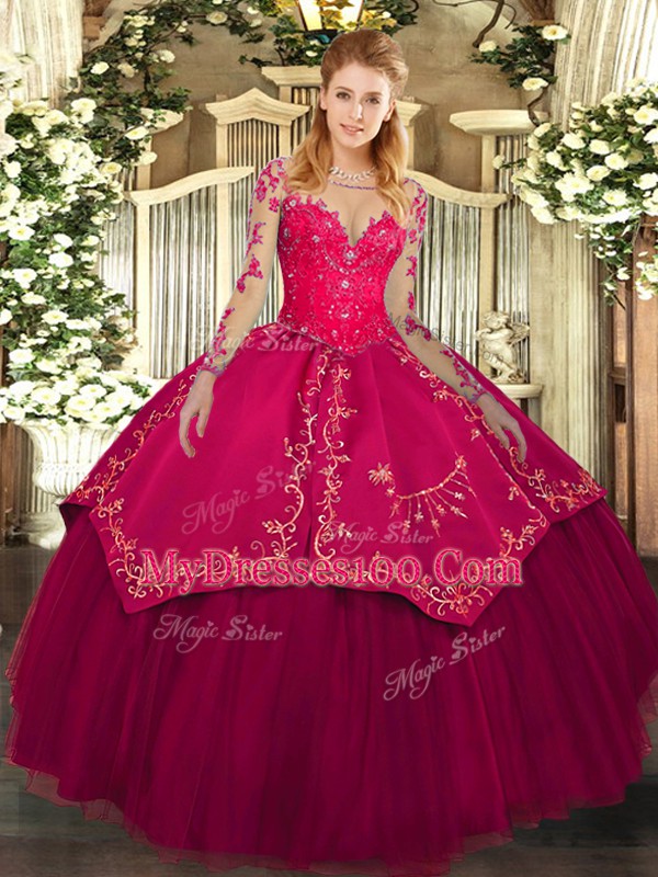 Dazzling Wine Red Lace Up 15 Quinceanera Dress Lace and Embroidery Long Sleeves Floor Length